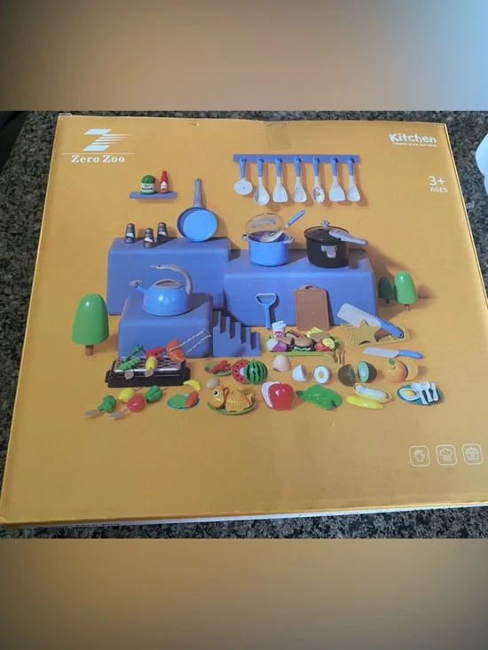 Amazon Blue Play Kitchen Set with Multicolor Food Accessories - Picture 1 of 4